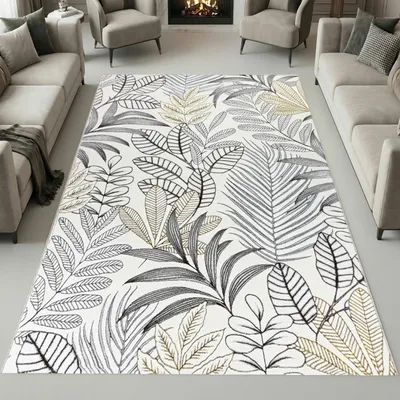 Produktbild von Moderner Kurzflorteppich Creme Blätterdesign mit Glanzoptik für Wohnzimmer Schlafzimmer und Flur Größe - 240 x 340 cm