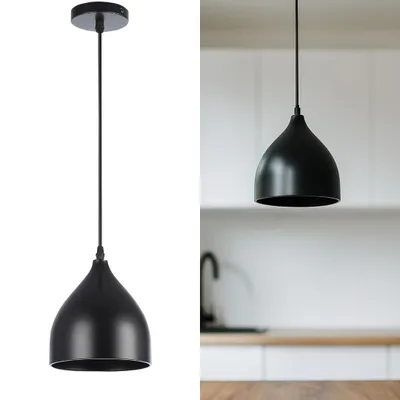 A black pendant light is shown against a white background on the left, and in a kitchen setting on the right.