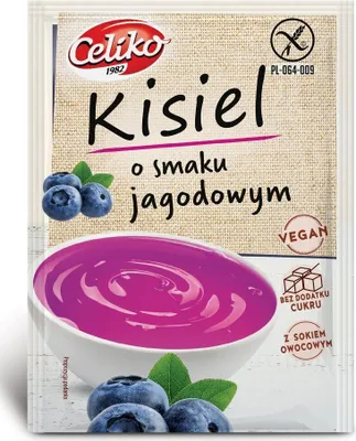 Zdjęcie produktu dla KISIEL O SMAKU JAGODOWYM BEZ DODATKU CUKRÓW BEZGLUTENOWY 40 g - CELIKO