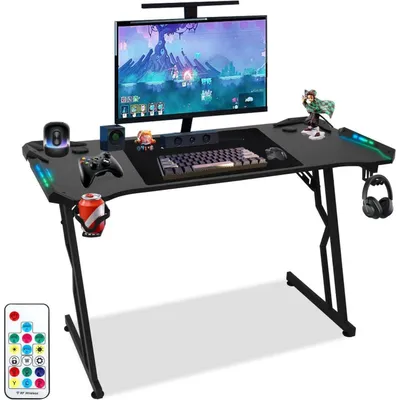 Obrázek produktu pro Herní stůl s RGB LED podsvícením, karbonovým povrchem, držákem na nápoje, držákem na sluchátka, černý, rozměry 140x60 cm