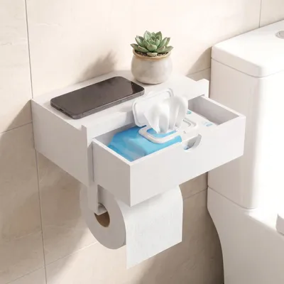 Image de Omgoods - Porte-rouleau de papier toilette sans perçage, avec tiroir de rangement
