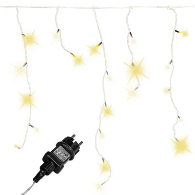 A string of warm white LED icicle lights with a power plug.