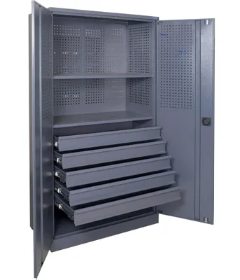 Zdjęcie produktu dla Solidna Szafa Warsztatowa Metalowa W197xS100xG50cm, Dwudrzwiowa Perforowana Narzędziowa Garażowa Magazynowa, 2 półki, 5 szuflad| UHL-MASH SI-10/2S/5D
