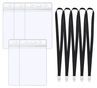 Image de Lot de 5 étuis transparents pour carte d'identité avec cordon, porte-carte de crédit souple en plastique rigide avec cordon, porte-carte d'identité transparent avec cordon en cristal et tour de cou