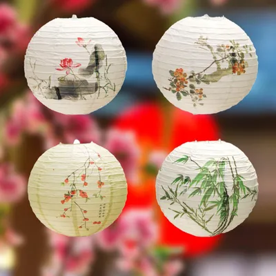 4er-Set runde Papierlaternen mit Blumenmotiven, 30 cm