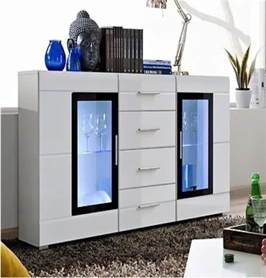 Image de Buffet KRONI avec Éclairage LED - 4 Tiroirs et 2 Portes Vitres - Blanc Mat et Brillant - 150 x 82 x 40 cm