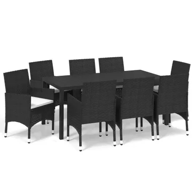 Produktbild von vidaXL 9-tlg. Garten-Essgruppe mit Kissen Poly Rattan Schwarz