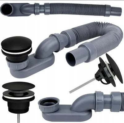 A collage of plumbing parts for a sink or bathtub drain.