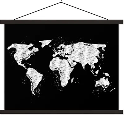 Produktbild von MuchoWow® Textilposter Weltkarte - Marmor - Schwarz - Weiß 60x45 cm mit schwarzem Rahmen - Poster Schlafzimmer