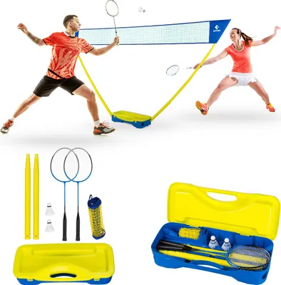 Image de Set de badminton Outtec® - 2x raquettes, 2x volants à ressort, 1x filet avec poteaux, 1x valise - Jeu pour enfants & adultes - pour l'extérieur, le jardin, la plage