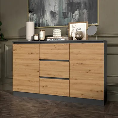 Produktbild von Kommode, Schlafzimmer Flur, Schrank, Sideboard, Highboard mit 3 Schubladen und 2 Türen, Breite 120 cm Höhe 75 | Anthrazit Artisan