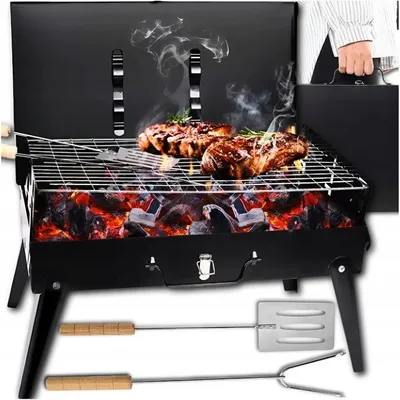 Produktbild von Tragbarer Koffergrill Faltbar – Holzkohle-Gartengrill & Campinggrill – Klappbarer Picknick-Grill mit Zubehör – 3-stufige Rostverstellung