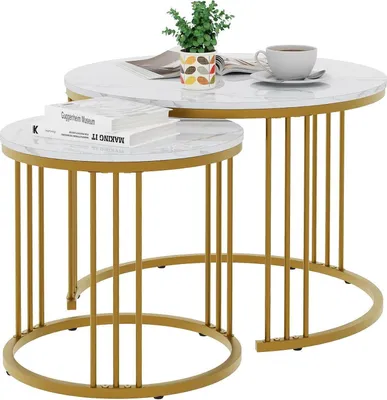 Produktbild von 2er-Set Runde Couchtische Metallrahmen Gold 60 cm - Wohnzimmer Schlafzimmer Büro Wohnung