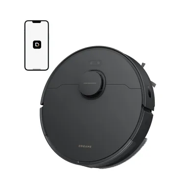 A robot vacuum cleaner and a smartphone are shown against a white background.