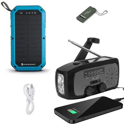 Image de Radio de survie solaire portable - Batterie externe solaire de 10 000 mAh - Énergie solaire - Radio de chantier - Lampe de poche - Noir et gris