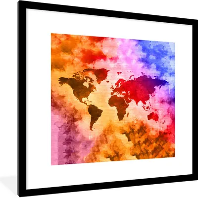 Produktbild von MuchoWow® MuchoWow® Gerahmtes Poster Weltkarte - Farben - Rauch 40x40 cm - Poster mit zchwarzem Bilderrahmen - Poster - Plakat im Rahmen