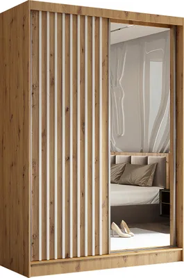 Produktbild von 150 cm Kleiderschrank Erika mit Lamellen und Spiegel inklusive 2 Schiebetüren Schwebetürenschrank Kleiderstange Garderobe Lieferung bis in die Wohnung (Farbe: Artisan, Artisan, Lamelle weiß)