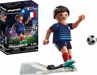 A Playmobil soccer player figure in a French uniform, with a soccer ball and a launching mechanism, next to its product packaging.