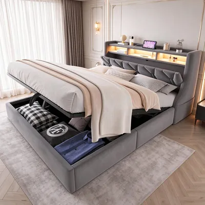 Produktbild von Flieks Polsterbett 140x200cm mit Ablagefach, Doppelbett mit Kopfteil, Stauraumbett mit LED-Beleuchtung und Steckdose, Grau, Samtstoff+Sperrholz+MDF