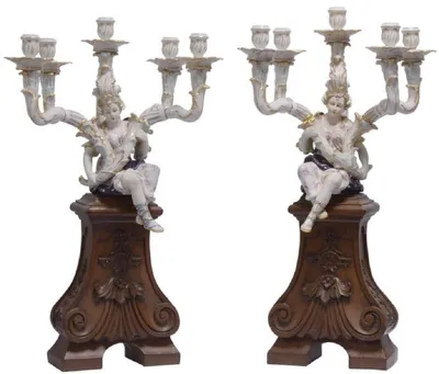 Produktbild von Casa Padrino Jugendstil Kerzenhalter Set Weiß / Braun 35 x 26,6 x H. 68,7 cm - Porzellan Kerzenständer mit Dekofigur und Holzsockel