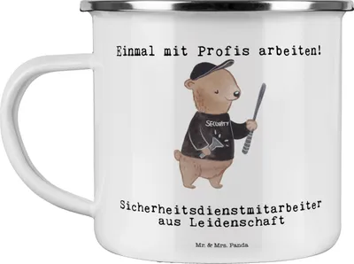 Produktbild von Mr. & Mrs. Panda Camping Emaille Tasse Sicherheitsdienstmitarbeiter Leidenschaft - Weiß - Geschenk, Becher, Teetasse, Kaffeepott, Pott