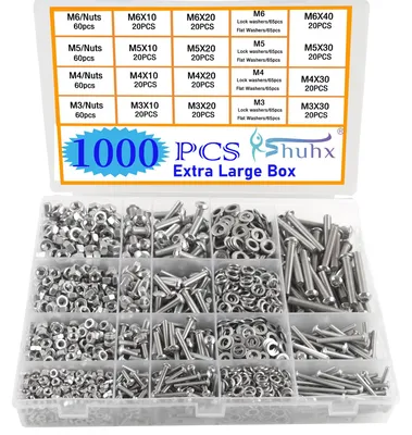 Produktbild von 1000-teiliges Schraubenset aus Edelstahl 304, bestehend aus M3, M4, M5 und M6 Schrauben, mit Muttern und Unterlegscheiben