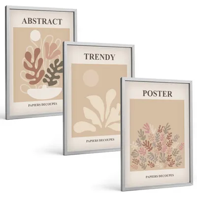 Produktbild von Bilder Set 3-teilig im silbergerahmten Rahmen – Wandbilder 3 Stück – gerahmte Poster für Wohnzimmer, Schlafzimmer und Flur – 40x60 cm – Pflanzenmotive beige braun