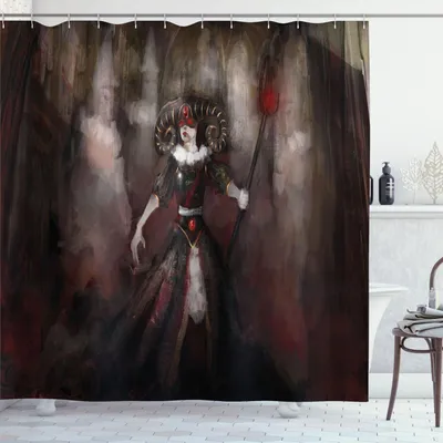 Obrázek produktu pro ABAKUHAUS gotický sprchový závěs, středověká čarodějnická maska s rohy, fantazijní strašidelný akvarel, 175 x 240 cm, černá, šedá, červená