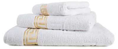 Produktbild von 3tlg. Luxus Medusa Saunatuch Badetuch Handtuch Set - Weiß - Frottee - Goldene Bordüre