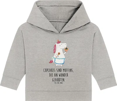 Produktbild von Mr. & Mrs. Panda Organic Baby Hoodie Einhorn Küche 24. - 36. Monat - Heather Grey - Geschenk, Unicorn, Einhörner, Motivation, Kuchen, Backen, Muffin, Kapuzenshirt