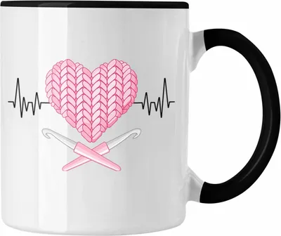 Produktbild von Trendation - Häkeln Stricken Herzschlag Tasse Geschenk für Oma Mutter Stricken Hobby Geschenkidee (Schwarz)