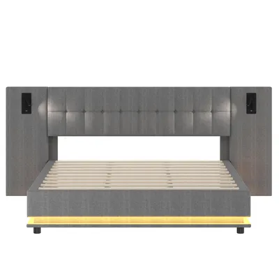 Produktbild von Merax Polsterbett 180x200, Doppelbett mit LED-Leiste, Kopfteil mit Leselicht & USB-Anschluss, Lattenrost, Leinenstoff, Flachbett, Grau