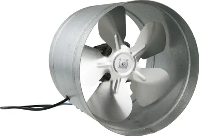 A metal inline duct fan with four blades is shown against a white background.