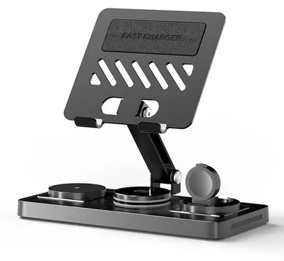 Produktbild von 4-in-1 Ladestation für Apple – magnetisches Induktionsladegerät mit einziehbarem Kabel – Für iPhone, iPad, Apple Watch & AirPods, Metall Schwarz