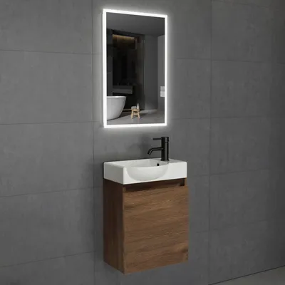 Produktbild von Alpenberger Waschbecken mit Unterschrank Gäste WC 45 cm LED Spiegel Kleiner Waschtisch mit Unterschrank hängend & LED Spiegel 45x70 cm Touch: Keramik, MDF, Soft-Close Tür, Überlauf – Gäste WC