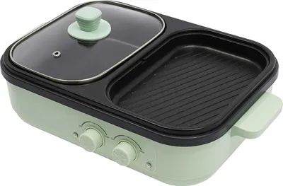 Image de Marmite et poêle électriques 2 en 1 - Appareil de table - Couvercle en verre - Alliage d'aluminium - 1300 W - 20 cm - 1,0 L + 0,2 L - 220-240 V - Vert