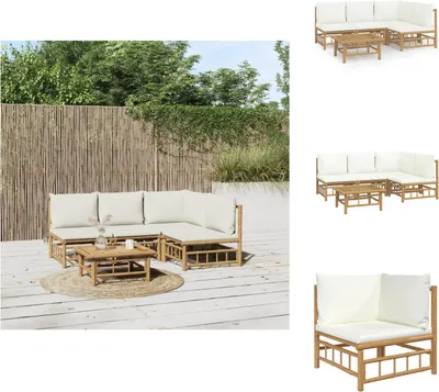 Produktbild von vidaXL 5-tlg. Garten-Lounge-Set mit Cremeweißen Kissen Bambus -  Gartenmöbel-Sets