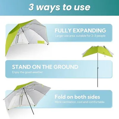 Image de Parasol de plage avec panneaux latéraux et pare-vent - Polyester résistant aux UV - Vert