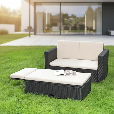 Produktbild von Melko Gartenmöbel Polyrattan Lounge Tisch Fußbank klappbar Sitzgruppe - Schwarz