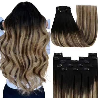 Obrázok produktu pre Clip-in predlžovanie vlasov, prírodné vlasy, 55 cm, 120 g, farba 1B/4/27, technika balayage, hnedá a blond