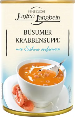 A can of Jürgen Langbein Büsumer Krabbensuppe with a bowl of soup and shrimp in the foreground.