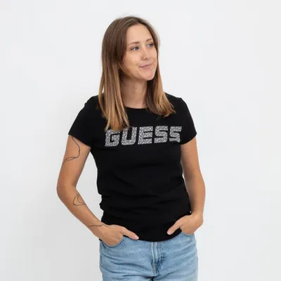 Produktbild von Guess Damen T-Shirt Kiara SS klassisch kurzärmelig Regulärer Fit mit funkelnden Strasssteinen
