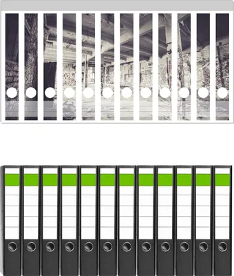 Produktbild von Wallario 12 Stück schmale Ordner inkl. Klebeetiketten mit Motive Alte verlassene Fabrikhalle -  Set mit Rückenschildern / Ordnerrücken Stickern