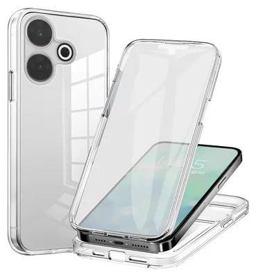 A clear phone case is shown from multiple angles, with one case encasing a phone.