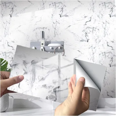 Produktbild von Marmorfliesen-Aufkleber für Badezimmer, Küche, PVC, wasserdicht, ölbeständig, selbstklebend, selbstklebend, Wandaufkleber, Heimdekoration, 30,5 x 15,2 cm, 16 Stück