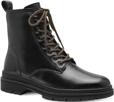 A studio shot of a single black boot.