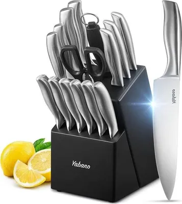 Image de Bloc de couteaux, set de couteaux professionnels, 16 pièces, acier inoxydable, set de couteaux de cuisine avec bloc en bois, set de couteaux, couteaux, noir