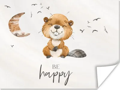 Produktbild von MuchoWow® Poster Zitate - Glücklich sein - Kinder - Mond - Biber - Aquarell 120x90 cm - Wandbild
