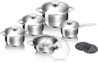 Produktbild von Kochgeschirr Set 12-teilig, Edelstahl, mit Glasdeckeln, für alle Herdarten