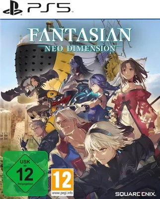 The image is a video game box art for Fantasian Neo Dimension on PlayStation 5, featuring various characters from the game.
